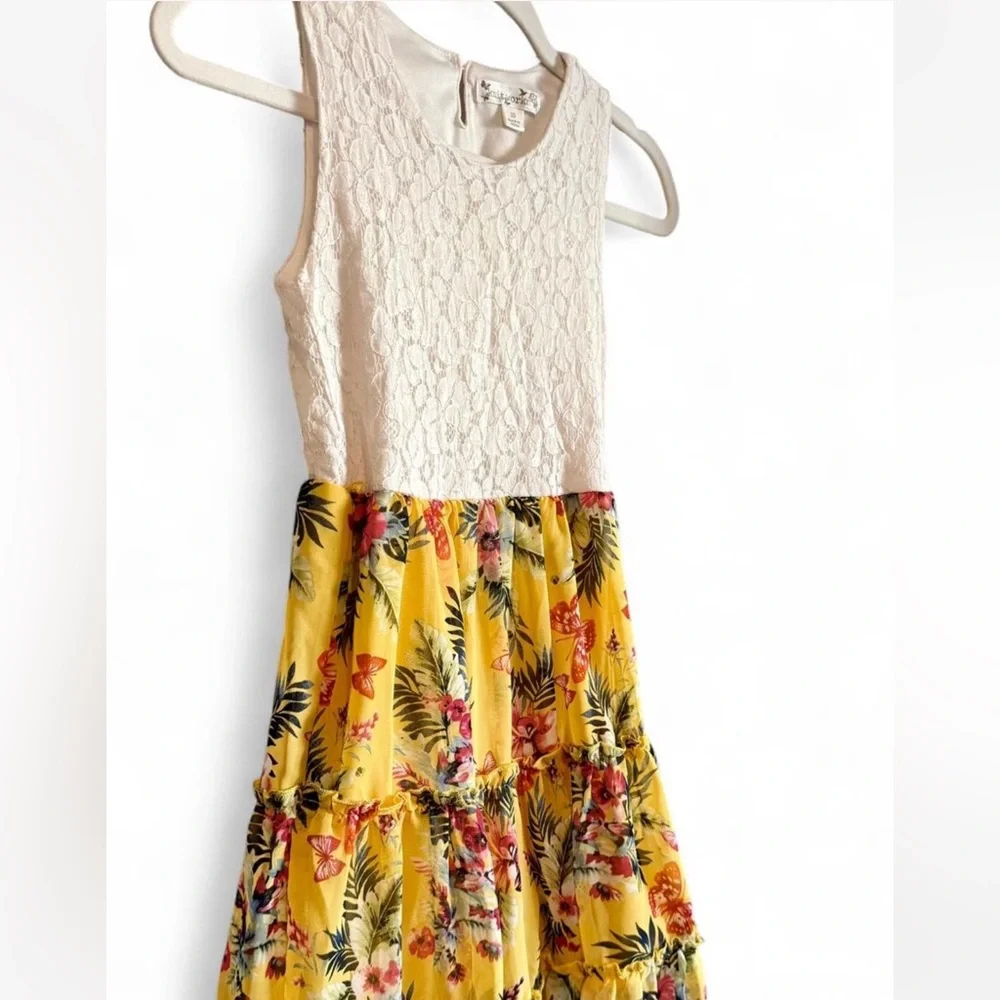 Knitworks Girls Size 10 Yellow floral tiered‎ dress with white lace top